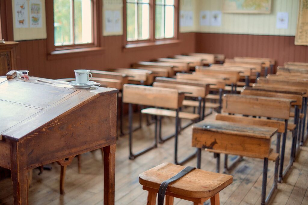 Classroom with wooden desks and chairs